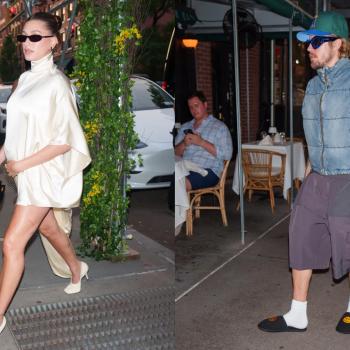 Элегантная Хейли Бибер держится за беременный живот по дороге в ресторан. За ней идёт Джастин Бибер в тапочах