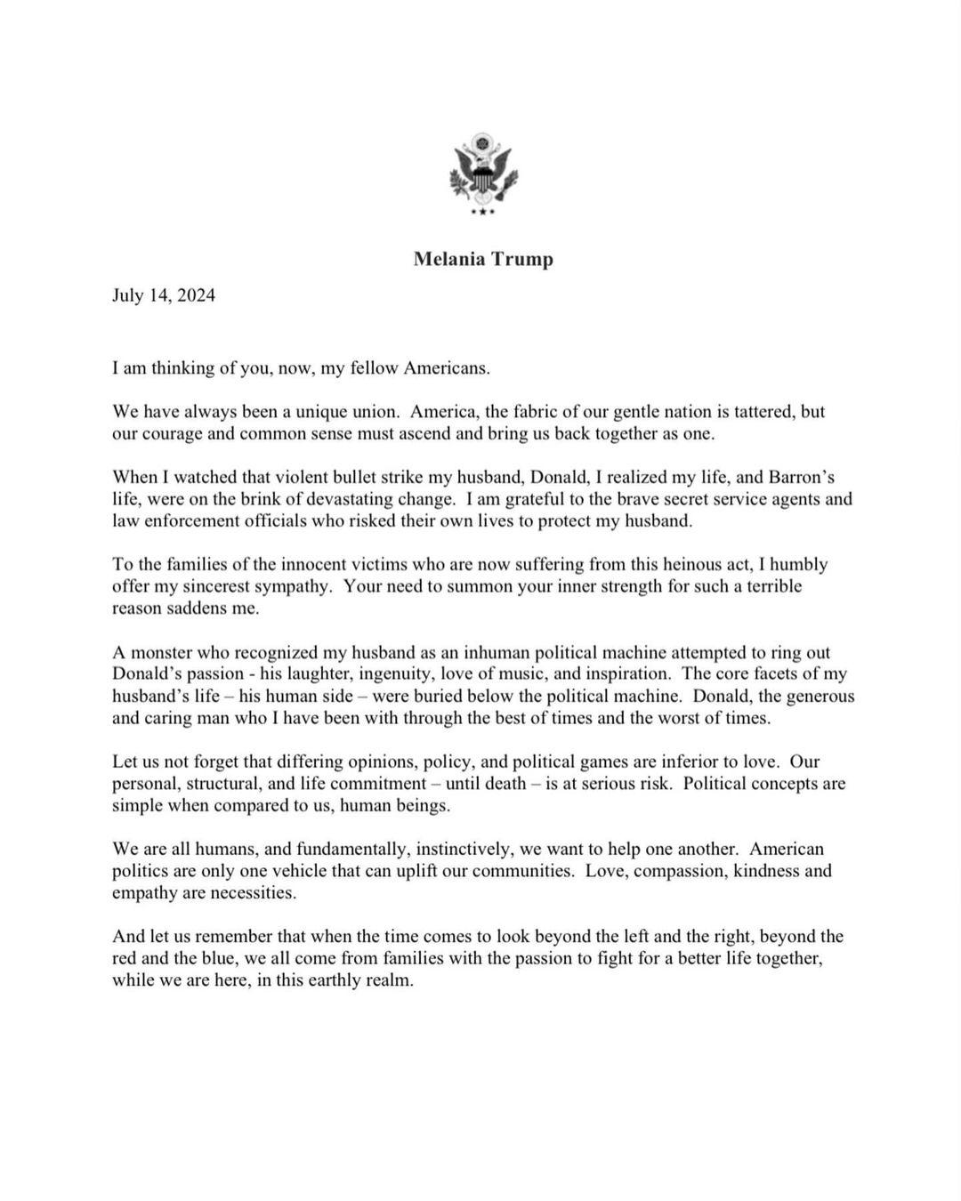 Мелания Трамп опубликовала заявление