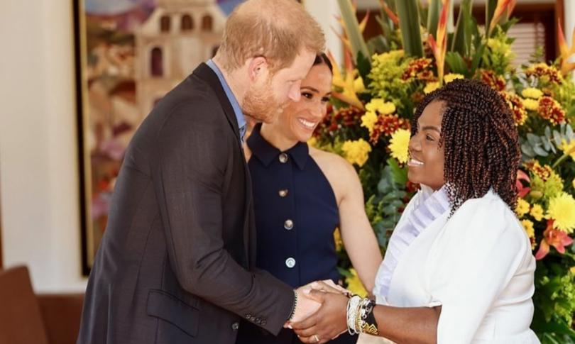 Принц Гарри и Меган Маркл с вице-президентом Франсией Маркес в Колумбии