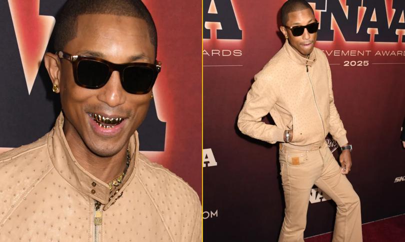 Фаррелл Уильямс ослепляет своей золотой улыбкой на стене