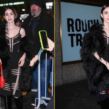 Лили Коллинз, вооруженная красной сумкой Fendi, спешит на запись в прозрачном платье