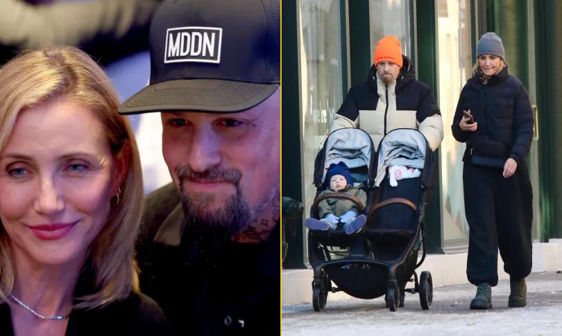 Кэмерон Диаз с мужем и ребенком на прогулке