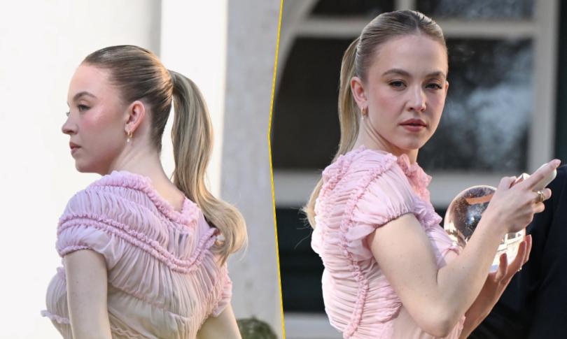 Сидни Суини в нежно-розовом платье на съемках Kerastase