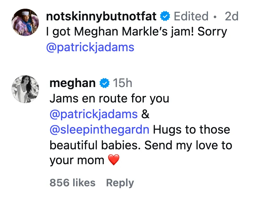 Меган Маркл пообещала отправить варенье коллеге по «Форс-мажорам» Меган Маркл пообещала отправить варенье коллеге по «Форс-мажорам»