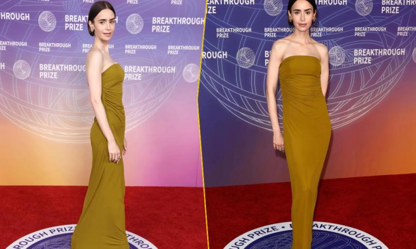 Лили Коллинз выбрала оливковую элегантность на Breakthrough Prize 2026