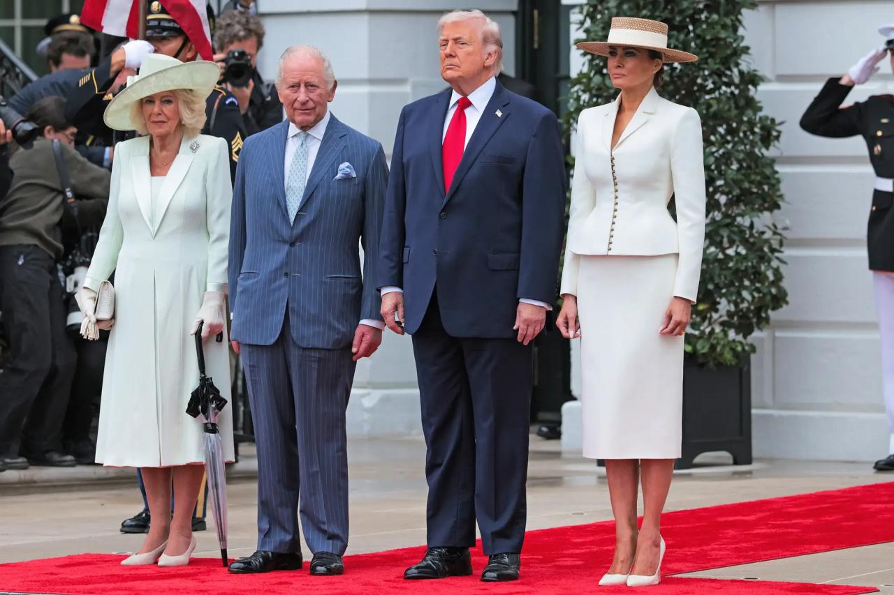 Королева Камилла, король Карл, президент Дональд Трамп и первая леди Мелания Трамп в Белом доме 28 апреля 2026 года